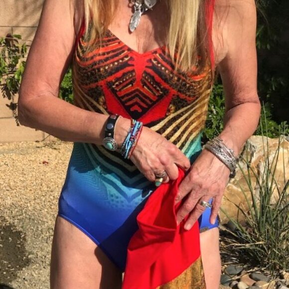 SUNFLAIR Bathing Suit & Dress/Skirt/Cover Up, 2 pces red blue gold brown 8/10 D - Picture 5 of 16